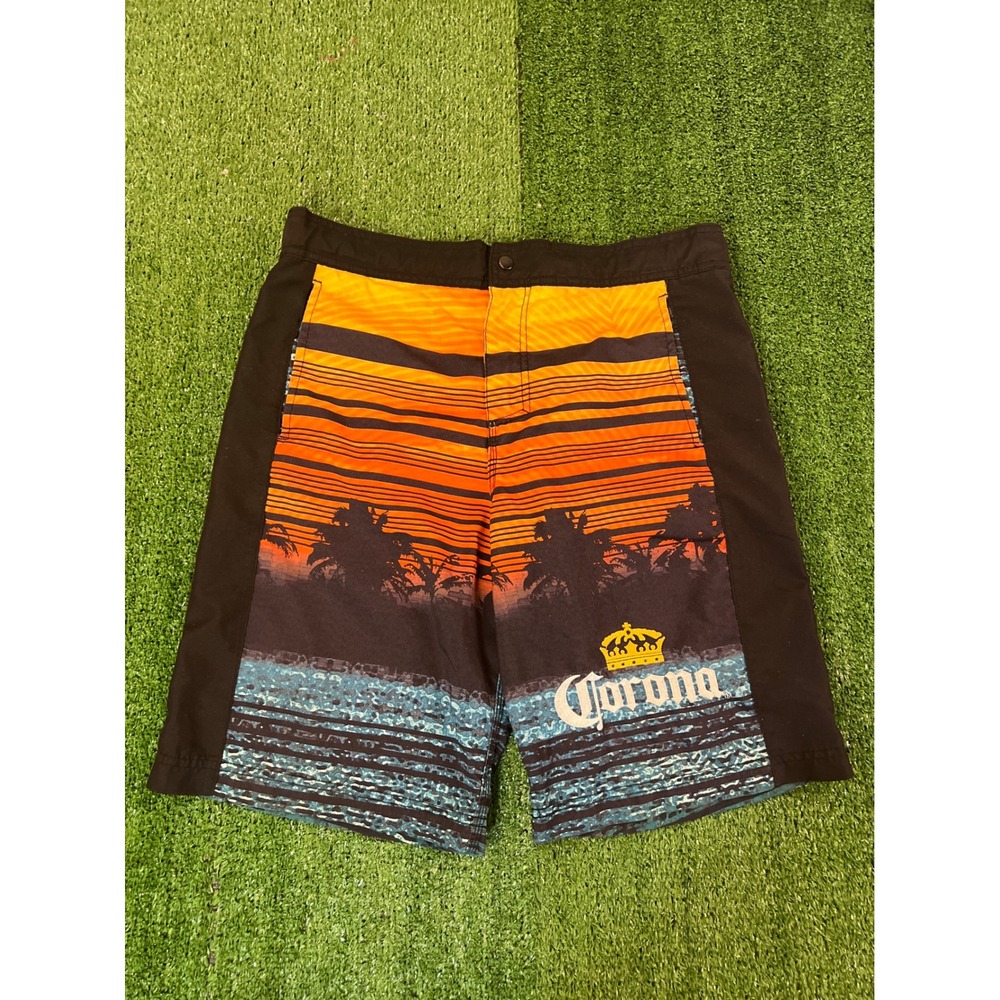 Corona Extra Board Shorts Mens Size 35 Black Sunset Palm Tree Graphic Swim Trunk